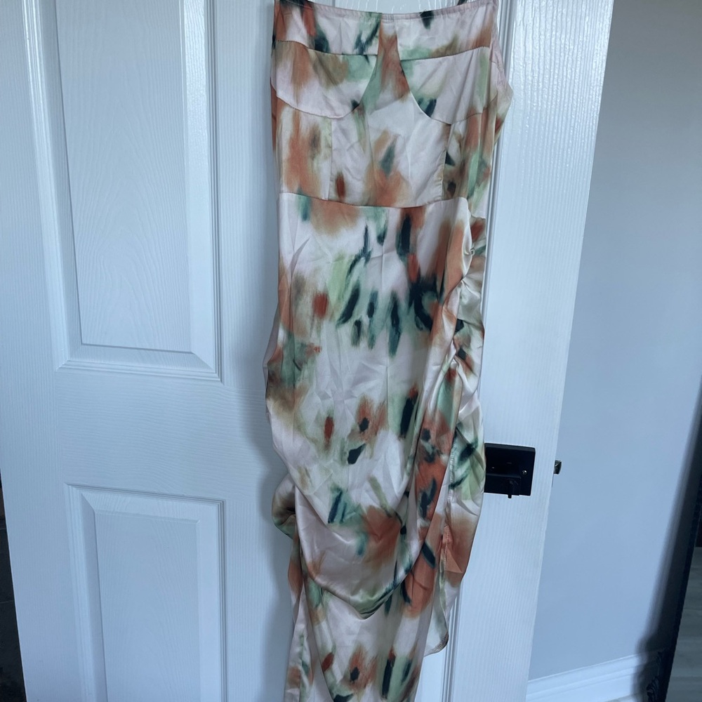 SHEIN Cream Watercolor Asymmetrical Satin Dress with Green & Rust Accents